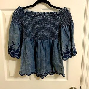 Blue off the shoulder top with floral embroidery